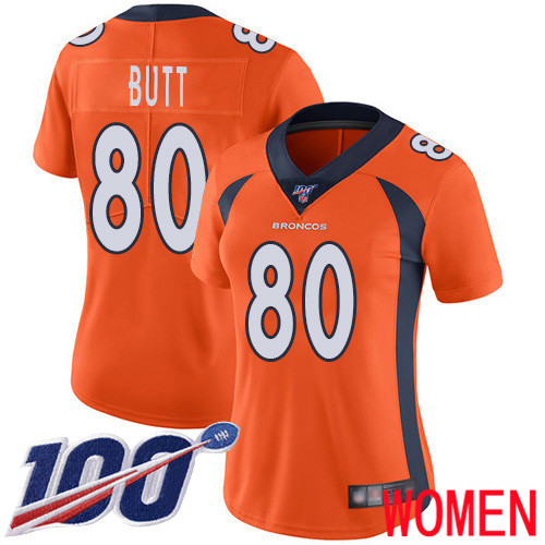 Women Denver Broncos #80 Jake Butt Orange Team Color Vapor Untouchable Limited Player 100th Season Football NFL Jersey